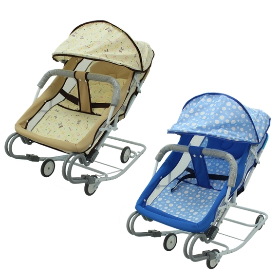 BabyBabe-雙管加寬彈搖椅(含蚊帳)-卡其/藍色(668A)