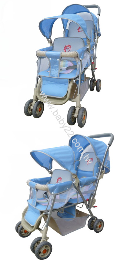 MONARCH-babybabe雙人手推車(卡其/藍色)B328