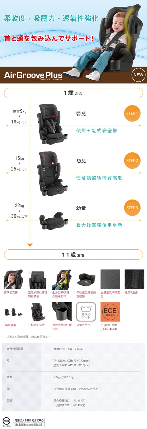愛普力卡Aprica-AirGroovePlus成長型輔助汽車安全座椅-頭等艙Plus(一見棕情)93488