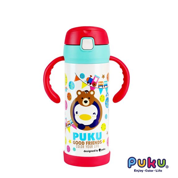 藍色企鵝PUKU-不鏽鋼兩用吸管水瓶350ml(小熊白)P14731